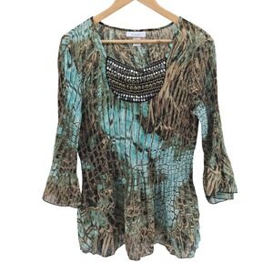 Dressbarn XL Sheer Pleated Embellished Blouse Brown Fairy Witchy Goblincore Boho
